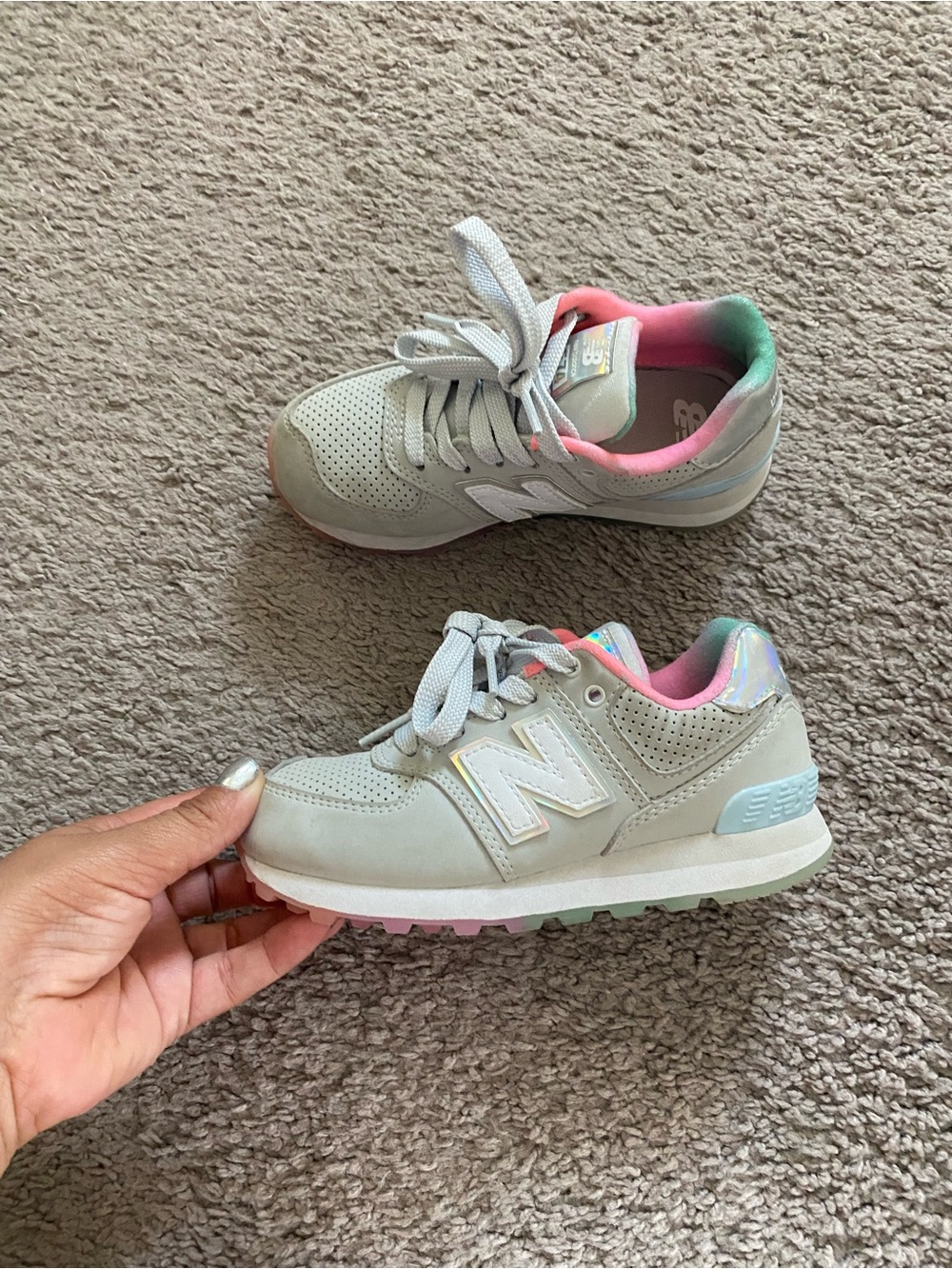 Girls  New Balance Gray Sneakers with Pink & Colorful Accents